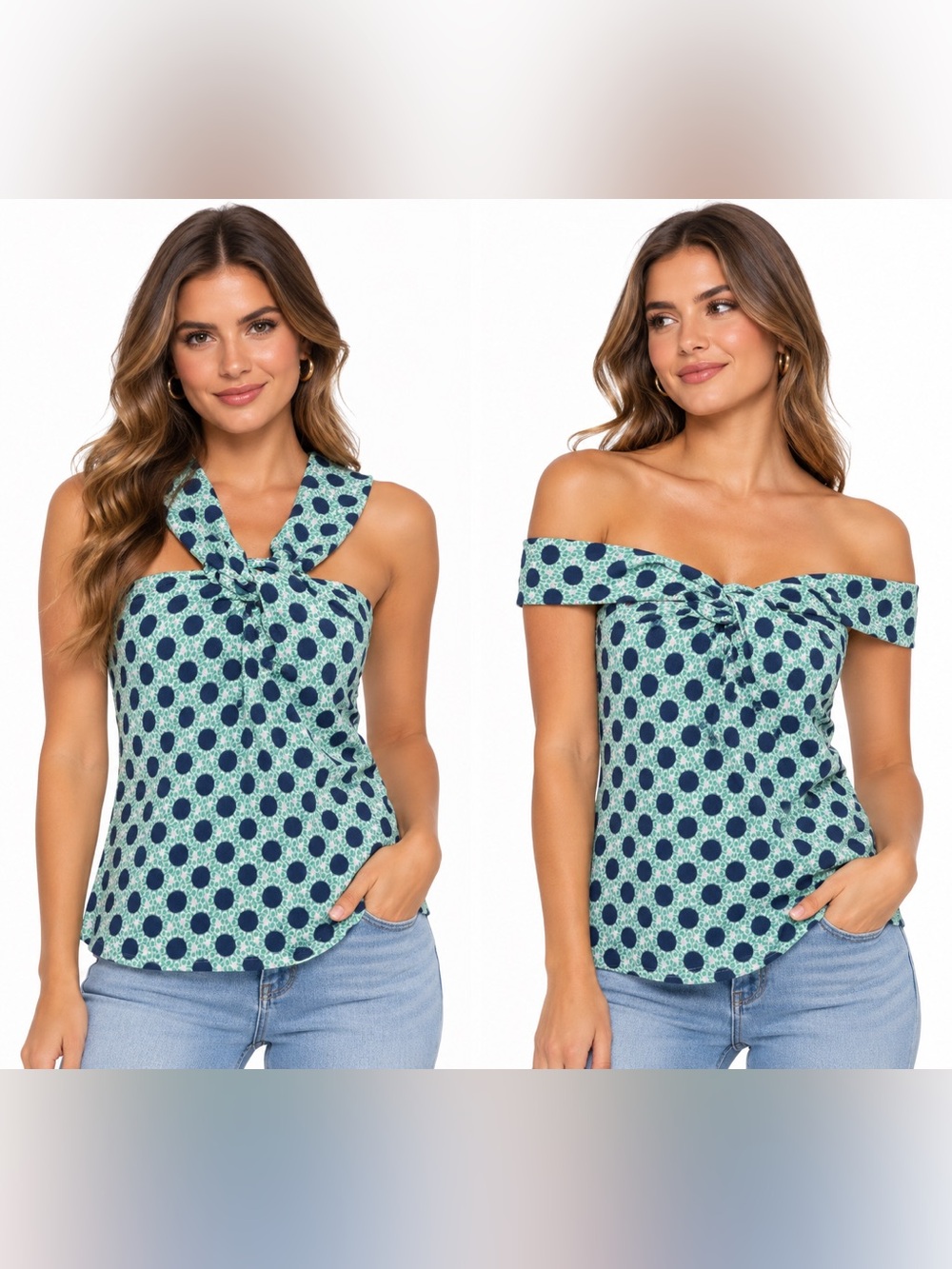 Maeve Anthropologie Green Navy Polka Dot Convertible Halter Off Shoulder Top XL